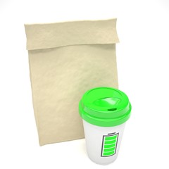 Coffee to go and lunch bag, on white.