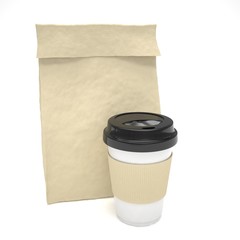 Coffee to go and lunch bag, on white.