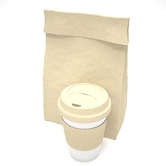 Coffee to go and lunch bag, on white.