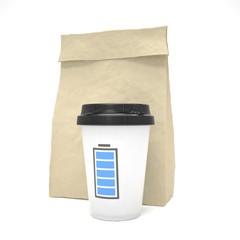 Coffee to go and lunch bag, on white.