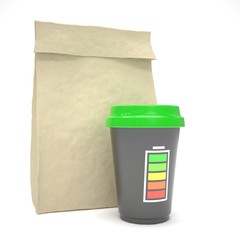 Coffee to go and lunch bag, on white.
