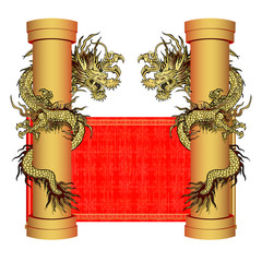Traditional Chinese Dragon surrounds kolonnuna red scroll background. Elements in the two sides. It can be used in conjunction with any images or separately.