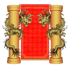 Traditional Chinese Dragon surrounds kolonnuna red scroll background. Elements in the two sides. It can be used in conjunction with any images or separately.