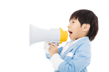little boy shouting in megaphone isolated