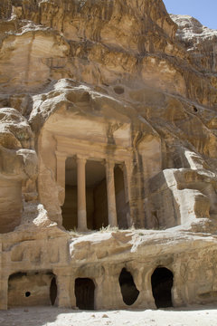 Buidling carved into the cliff believed to be used as a restauant by workers from camel cravans.Little Petra,Jordan