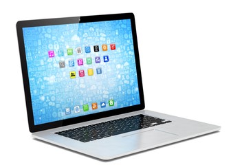 3d rendering of a laptop with blue wallpaper with app icon