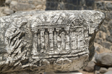 Stone carving of a wagon used to carry the Ark of the Covenant.Capernaum,Israel