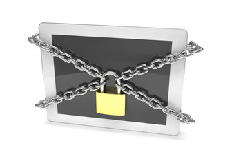 tablet PC with chains and lock isolated on white background