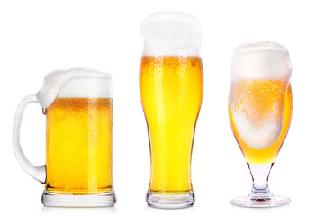 Frosty glasses of light beer isolated 