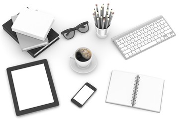 office stuff on table, workplace, top view