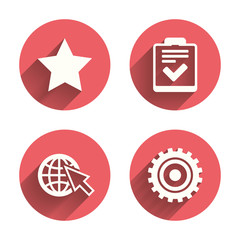 Star and globe signs. Checklist, gear.