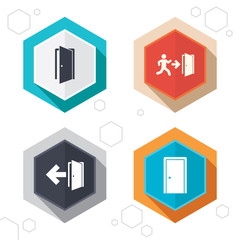 Doors signs. Emergency exit with arrow symbol.