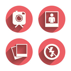 Photo camera icon. No flash light sign.
