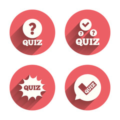Quiz icons. Speech bubble with check mark symbol