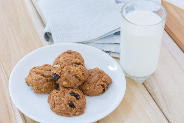 Delicious raisin cookies and a glass of milk
