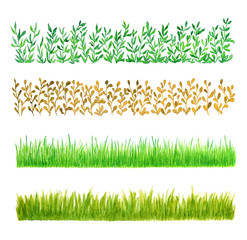 Set of Four Grass Border Pieces Watercolor Painted, Isolated on White