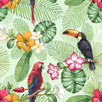 Watercolor toucan and parrot. Seamless pattern