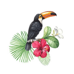 Watercolor illustration of tropical flowers and toucan