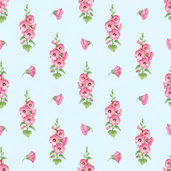 Seamless pattern with watercolor illustration of mallow flowers