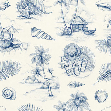 Seamless pattern with illustrations of a tropical paradise