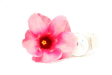 beautiful flower and wrist watch on white table