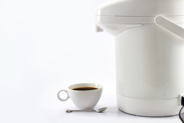 coffee cup and thermos or vacuum bottle on white background