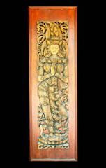  Ancient art pattern on the wooden door in Thai temple