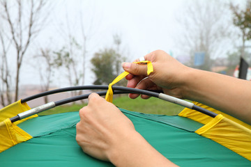 Tied the tent rope with tent pole   