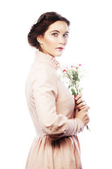 Portrait of beautiful young bride in pink dress 