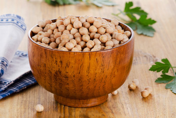 Closeup of Chickpeas in a wooden bowl.