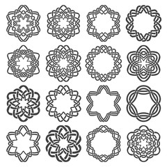 Set of magic knotting circles. Sixteen hexagonal decorative elements with stripes braiding for your logo or monogram frame design. Creative mandalas collection