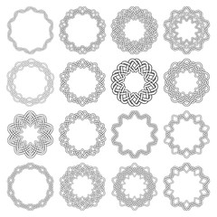 Set of magic knotting circles. Sixteen decagon decorative elements with stripes braiding for your logo or monogram frame design. Creative mandalas collection