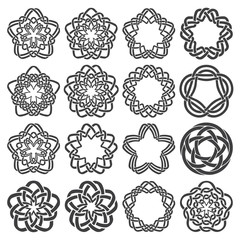 Set of magic knotting circles. Sixteen pentagonal decorative elements with stripes braiding for your logo or monogram frame design. Creative mandalas collection