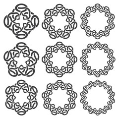 Set of magic knotting rings. Nine circular decorative elements with stripes braiding for your design
