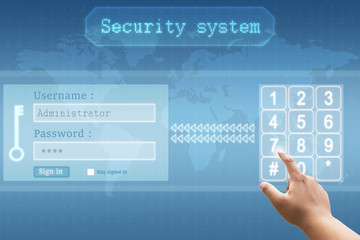 hand pushing a button on touch screen interface login and password with futuristic security system