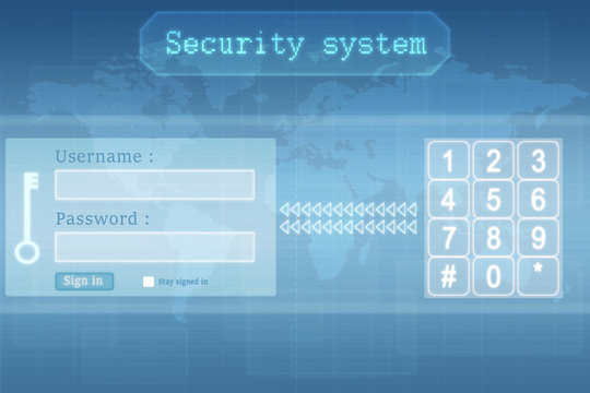 hand pushing a button on touch screen interface login and password with futuristic security system
