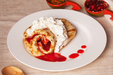 pancake with whipped cream jam plate still life rural village