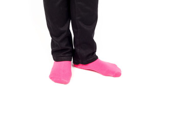 woman legs in pink sock on white background