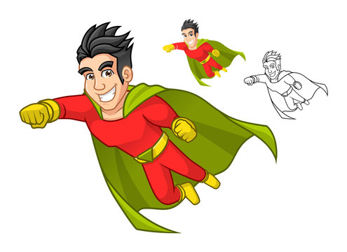 High Quality Cool Super Hero Cartoon Character with Cape and Flying Pose Include Flat Design and Outlined Version Vector Illustration