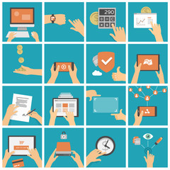 Hands using devices for online shopping, banking, watching video, networking. Set of flat design illustrations
