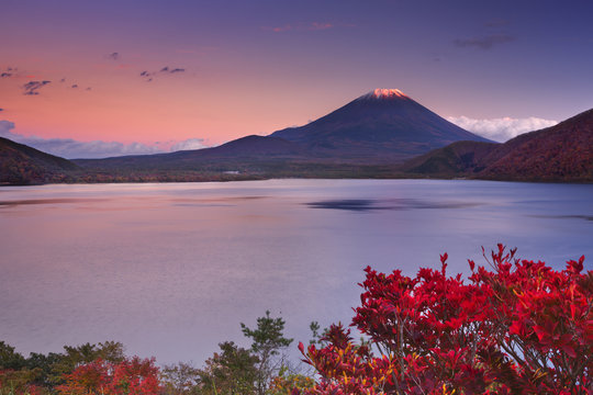 Last light on Mount Fuji and Lake Motosu, Japan