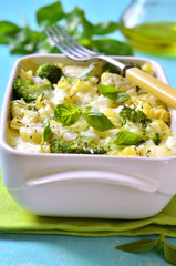 Pasta casserole with broccoli,cauliflower and cheese.