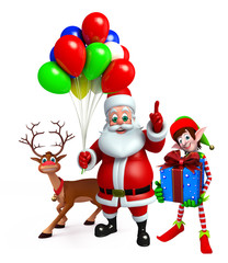 Cartoon Santa claus and elves with reindeer