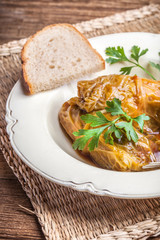Dish of cabbage stuffed with meat.