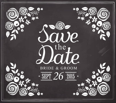 Save the date. Wedding invitation vintage card. Freehand drawing on the chalkboard