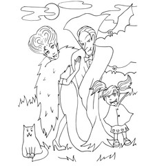 The simple coloring on Halloween theme made by hand drawing with black pencil on a white background