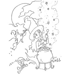 The simple coloring on Halloween theme made by hand drawing with black pencil on a white background