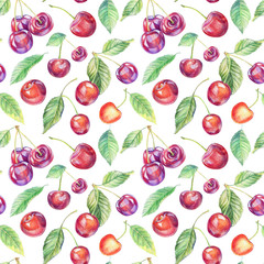 Seamless pattern with cherries. Drawing with colored pencils.