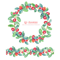 Round frame of leaves, cranberry and seamless ornamental stripe. Pencil illustration.