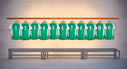 Row of Green Football Shirts hanging on Wall in Changing Room with Bench